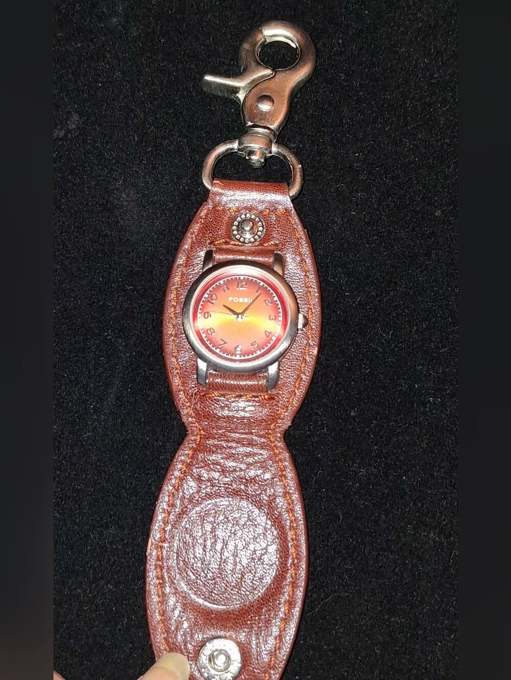 Fossil Brown Leather Keychain Watch with Orange Dial